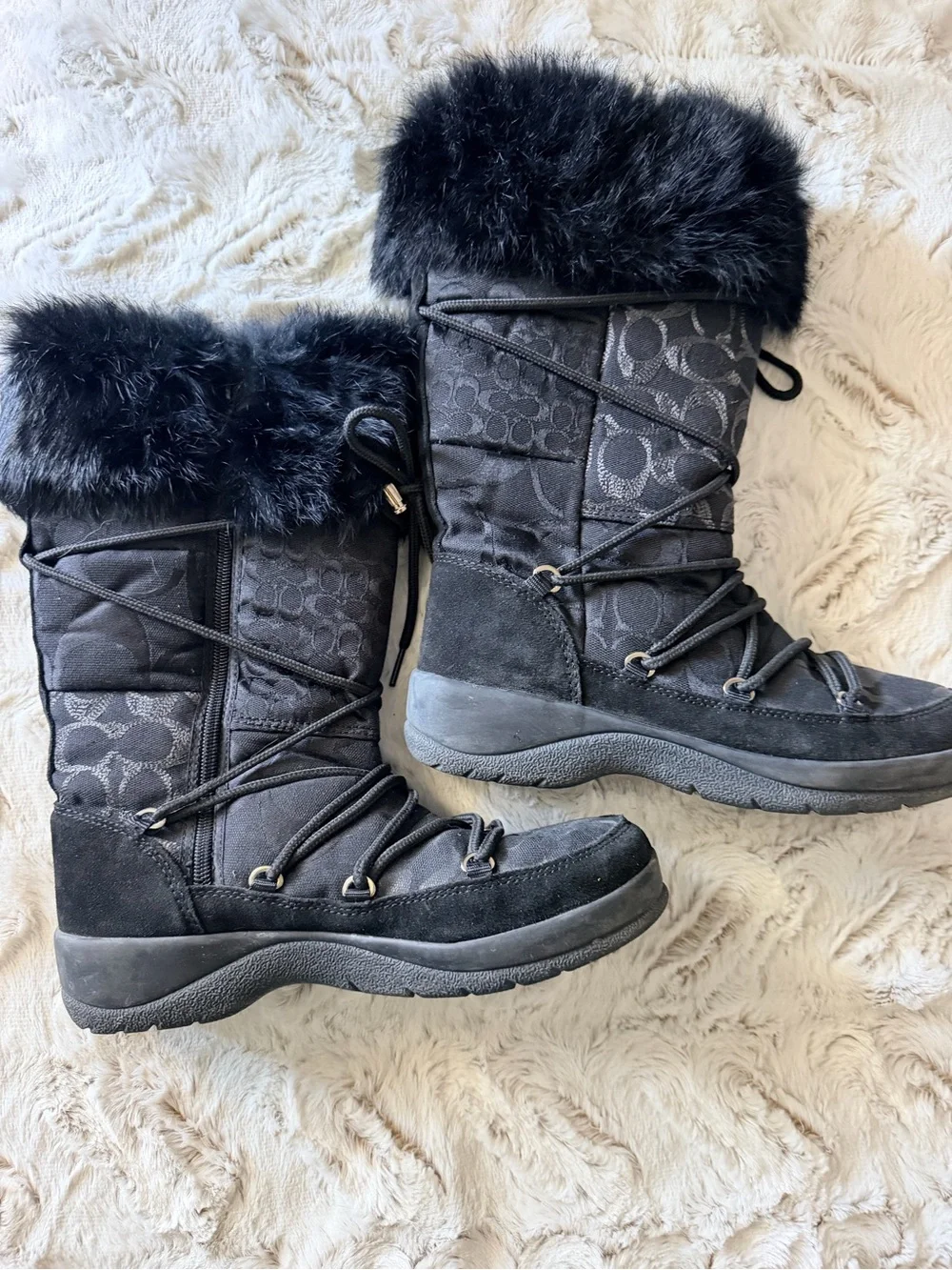 Coach Black Quilted Logo Faux-Fur Winter Boot